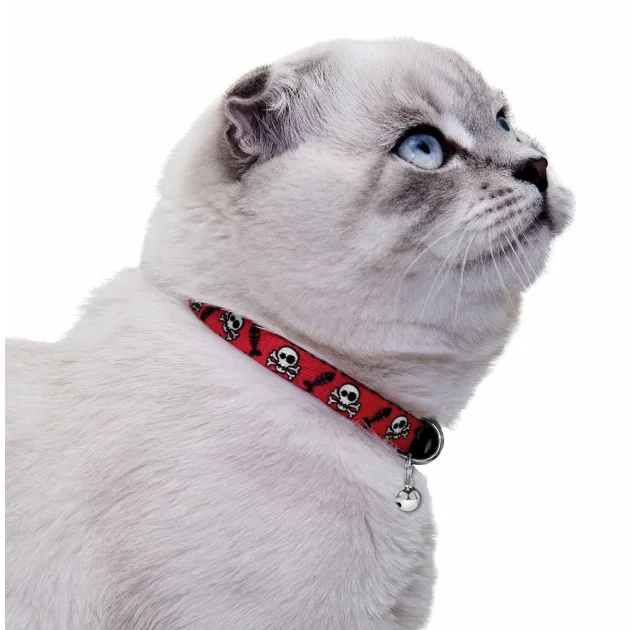 Нашийник BronzeDog Urban, для котів, нейлоновий, дзвіночок, принт черепа, червоний, 18-28×1 см