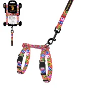 Шлея с поводком BronzeDog Folk для собак и кошек, нейлон, принт цветы, коралловый, 2ХS