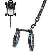 Шлея с поводком BronzeDog Folk для собак и кошек, нейлон, принт цветы, чёрный, 2ХS