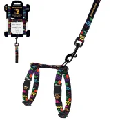 Шлея с поводком BronzeDog для собак и кошек, нейлон, принт цветы, чёрный, ХS