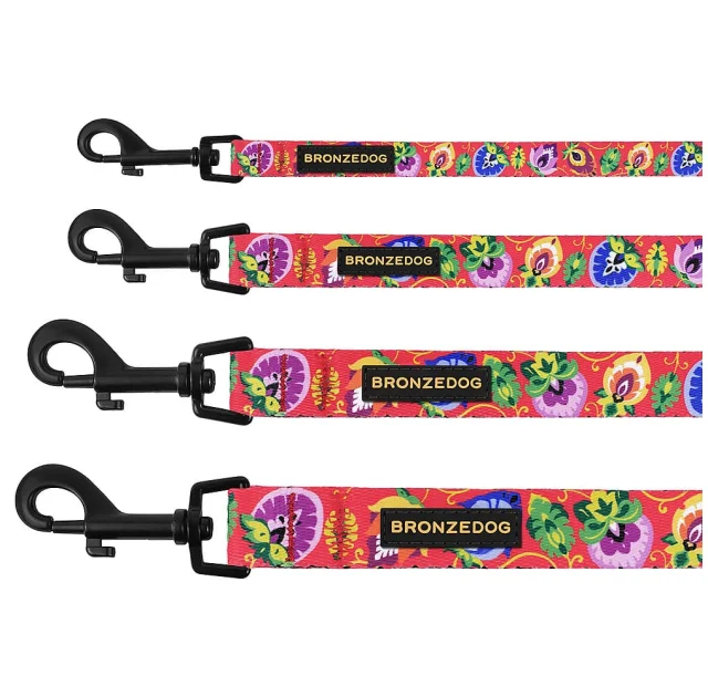 Повідець BronzeDog Folk для собак, з нашивкою, принт квіти, кораловий, 152×1 см