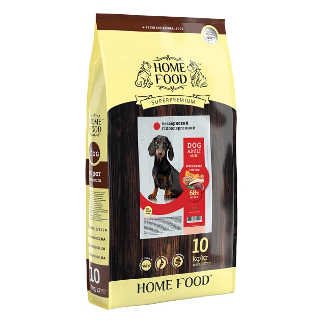 Сухий корм Home Food для дорослих собак малих порід, з качкою і нутом, гіпоалергенний, беззерновий, 10 кг