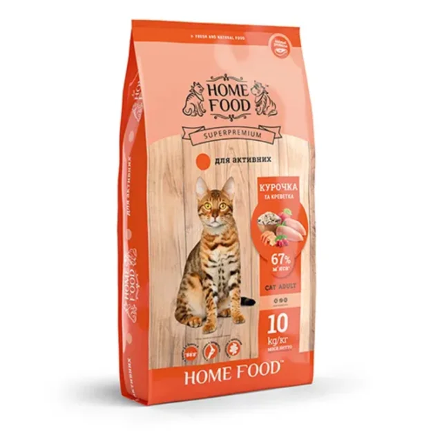 Сухой корм Home Food Супер-премиум для активных кошек, с курицей и креветкой, 10 кг
