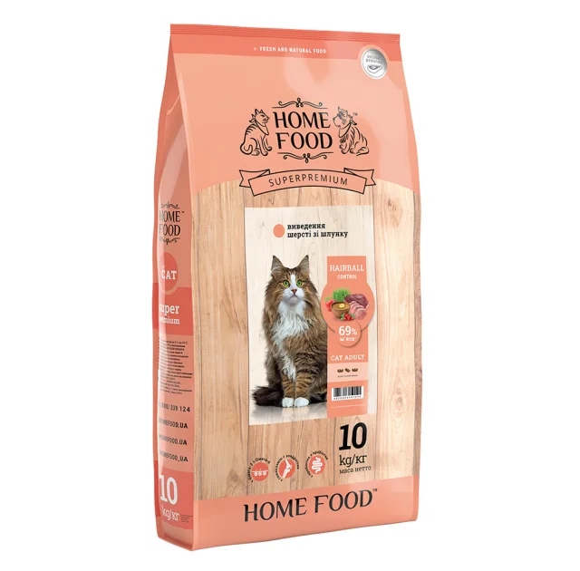 Сухой корм Home Food Hairball Control для выведения шерсти у взрослых кошек, с индейкой и уткой, 10 кг