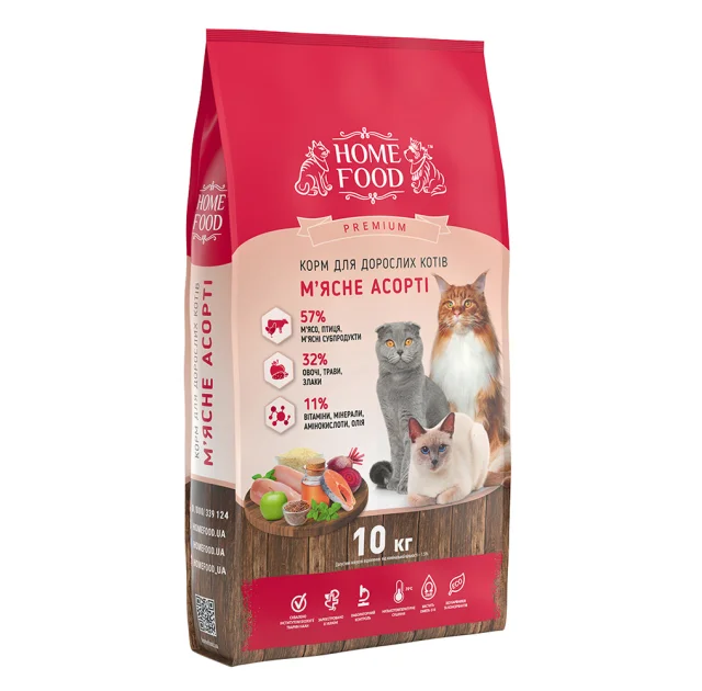 Сухой корм Home Food Premium для взрослых кошек всех пород, мясное ассорти, 10 кг