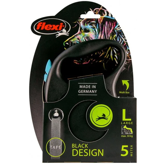 Повідець-рулетка Flexi Black Design L для собак до 50 кг, 5 м, стрічка, синя