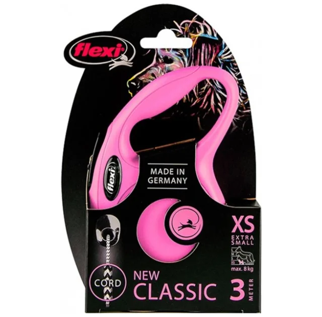 Рулетка-повідець Flexi New Classic XS, для собак і котів до 8 кг, 3 м, трос, рожева