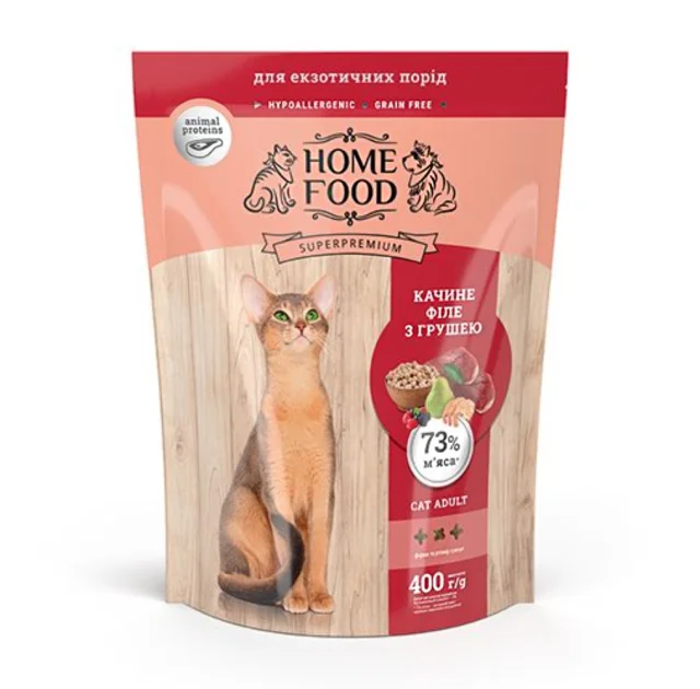 Сухой беззерновой корм Home Food для кошек, гипоаллергенный, с утиным филе и грушей, 400 г