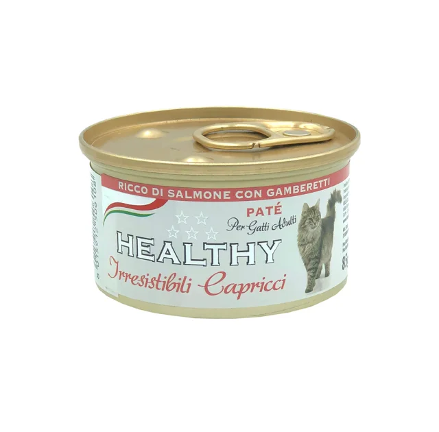 Консерва Healthy Irresistibili Capricci для вибагливих котів, паштет з лососем та креветками, 85 г