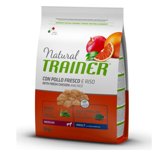 Корм Trainer Natural Super Premium для дорослих собак середніх порід, свіжа курка, рис і алое вера, 3 кг