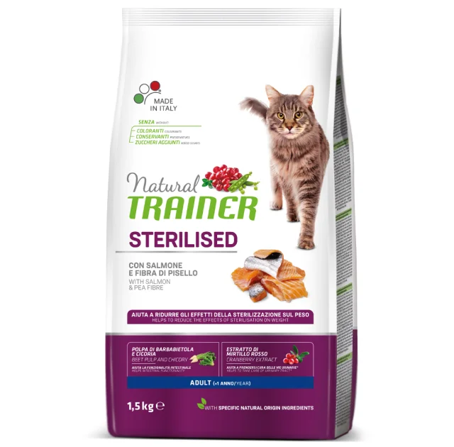 Корм Trainer Natural Super Premium для дорослих стерилізованих кішок від 1 року, з лососем і горохом, 1.5 кг