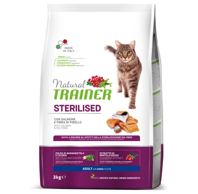 Корм Trainer Natural Super Premium для дорослих стерилізованих кішок від 1 року, з лососем і горохом, 3 кг