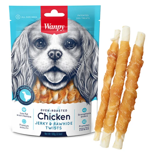 Ласощі Wanpy Chicken Jerky & Rawhide Twists паличка з в'яленої куркою, для собак, 100 г