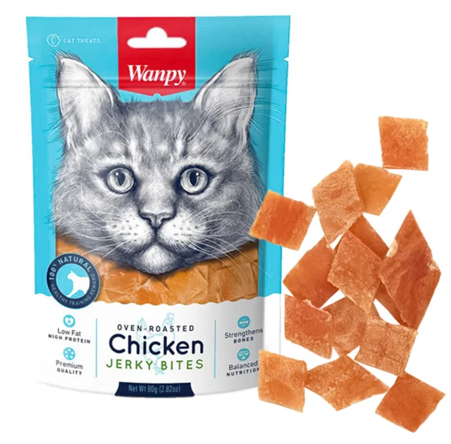 Лакомство Wanpy Chicken Jerky Bites вяленые куриные кусочки, для кошек, 80 г