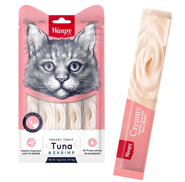 Лакомство Wanpy Creamy Lickable Treats Tuna&Shrimp с тунцом, креветками, витаминами и таурином, для кошек, 5×14 г