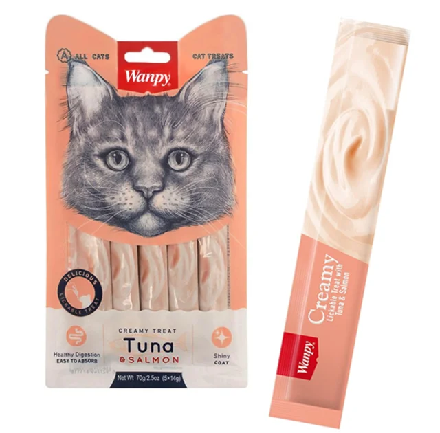 Лакомство Wanpy Creamy Lickable Treats Tuna&Salmon с тунцом, лососем, витаминами и таурином, для кошек, 5×14 г