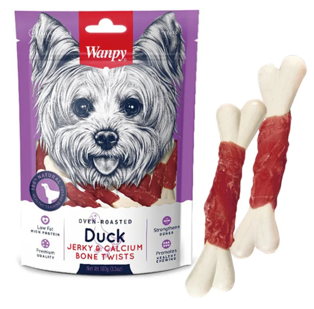 Лакомство Wanpy Duck Jerky & Calcium Bone Twists кость с вяленой уткой и кальцием, для собак, 100 г