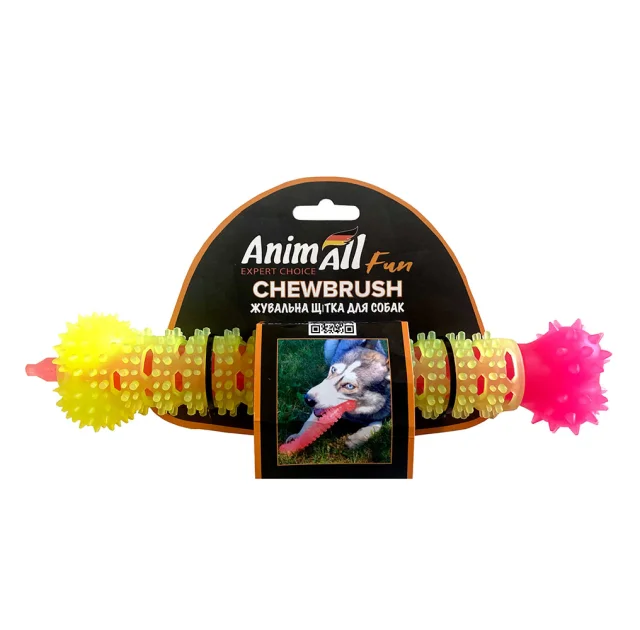 Игрушка АнимАлл Фан Жевательная щетка-кость 24 см, желто-розовая