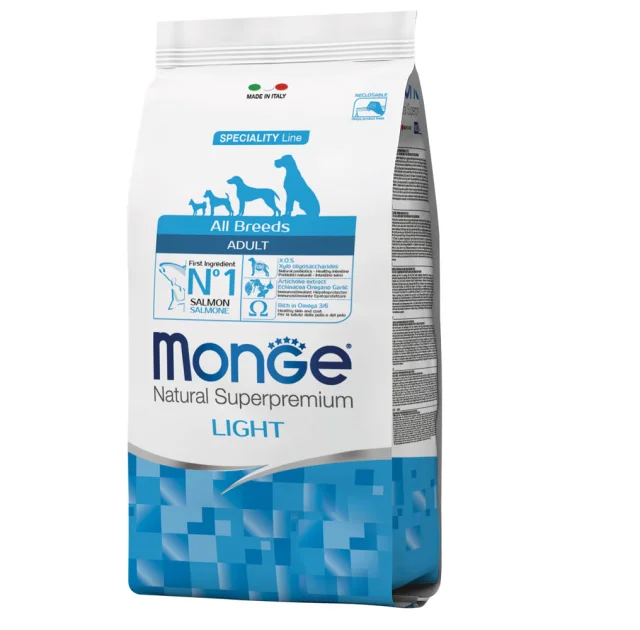 Сухой корм Monge Dog All breeds Adult Light, для собак с лишним весом, лосось с рисом, 12 кг