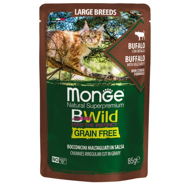 Влажный корм Monge Cat Be Wild Gr.Free Wet для кошек больших пород с 2-х месяцев, кусочки в соусе, с мясом буйвола, 85 г