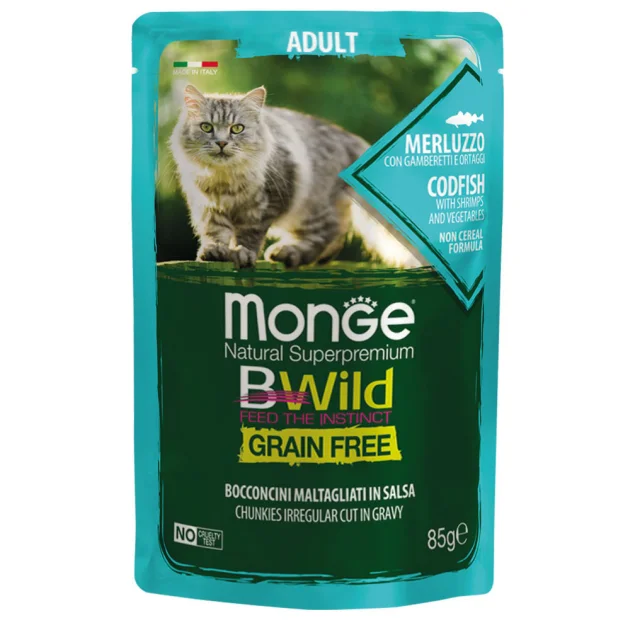 Влажный корм Monge Cat Be Wild Gr.Free для кошек, кусочки в соусе, треска с креветками и овощами, 85 г