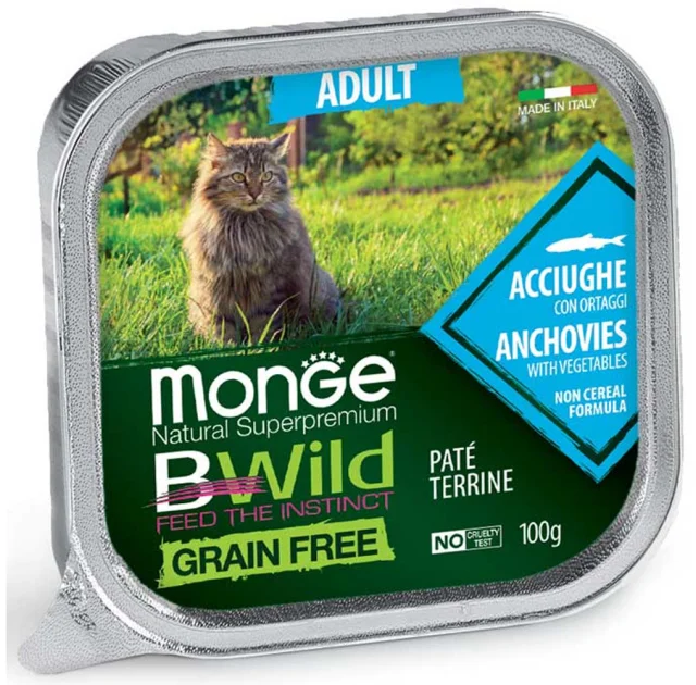 Консервы Monge Cat Be Wild Gr.Free Wet Adult для взрослых кошек, паштет, анчоус с овощами, 100 г