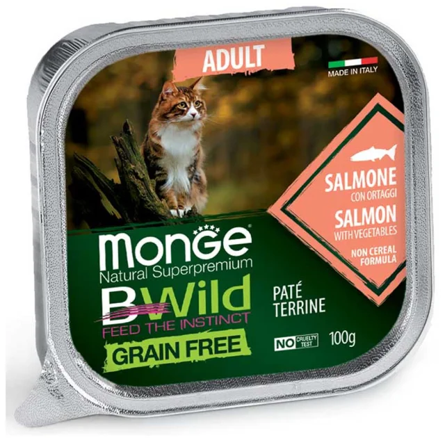 Консервы Monge Cat Be Wild Gr. Free Wet Adult для взрослых кошек, паштет, лосось с овощами, 100 г