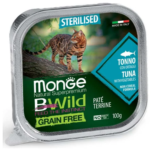 Влажный корм Monge Cat Be Wild Gr. Free Wet Sterilised для стерилизованных кошек, паштет, тунец с овощами, 100 г
