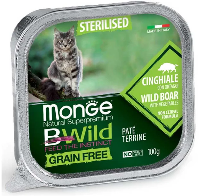 Влажный корм Monge Cat Be Wild Gr. Free Wet Sterilised для стерилизованных кошек, паштет, кабан с овощами, 100 г