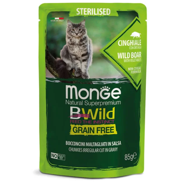 Влажный корм Monge Cat Be Wild Gr.Free для стерилизованных кошек, мясо дикого кабана с овощами, 85 г