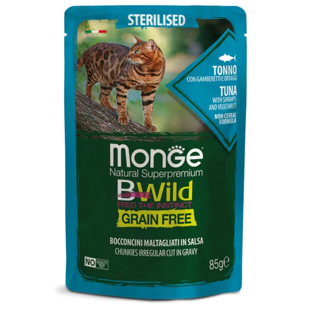 Влажный корм Monge Cat Be Wild Gr.Free Sterilised для стерилизованных кошек, тунец с креветками и овощами, 85 г