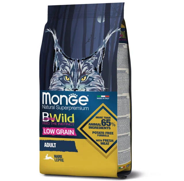 Сухой низкозерновой корм Monge Cat Be Wild Low Grain для кошек, с мясом зайца, 1.5 кг