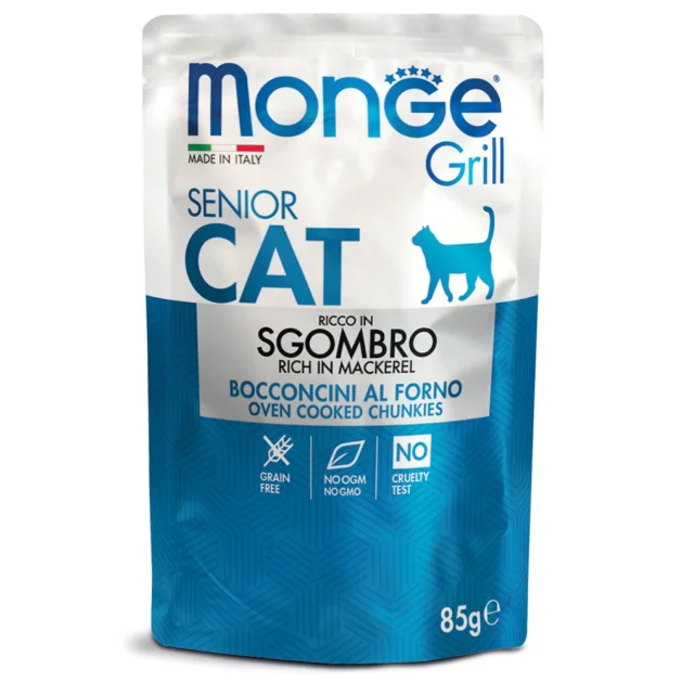 Влажный корм Monge Cat Grill Senior для кошек, запеченные кусочки в соусе, с макрелью, 85 г
