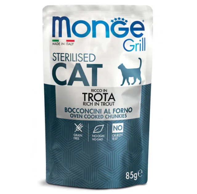 Влажный корм Monge Cat Grill Sterilised для стерилизованных кошек, печеные кусочки в соусе, с форелью, 85 г