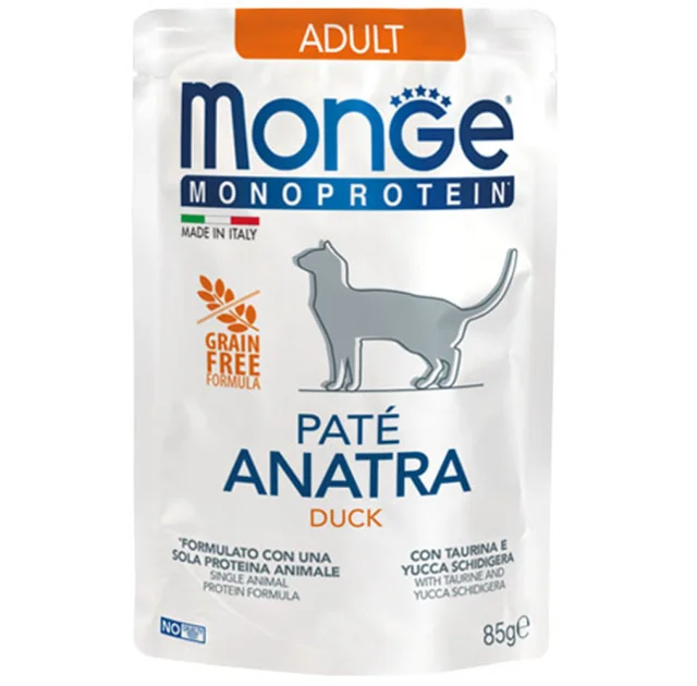 Влажный корм Monge Cat Monoprotein Adult для взрослых кошек, паштет, с уткой, 85 г