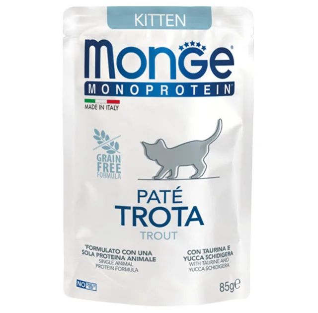 Влажный корм Monge Cat Monoprotein Kitten для котят, паштет, с форелью, 85 г