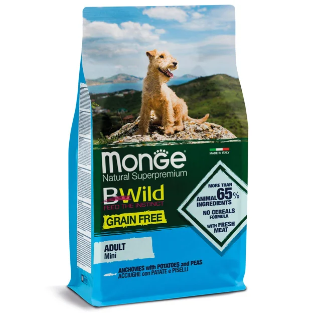 Сухой беззерновой корм Monge Dog Be Wild Gr. Free Mini для собак малых пород, с анчоусом, 2.5 кг