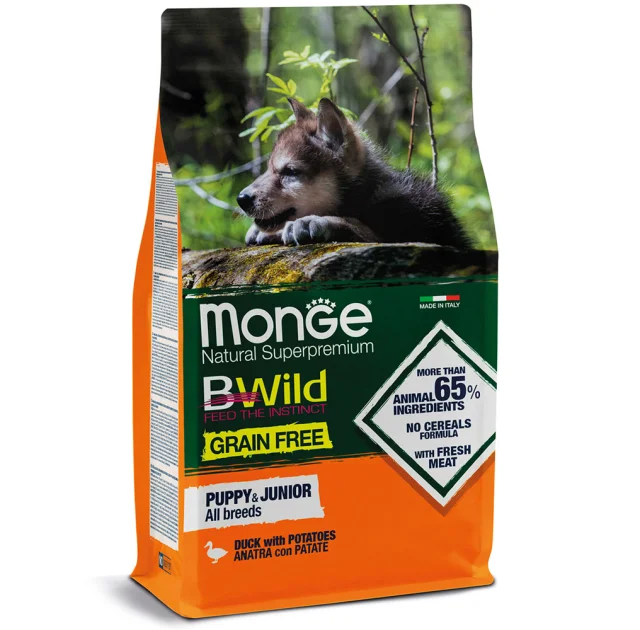 Сухой беззерновой корм Monge Dog Be Wild Gr. Free Puppy & Junior для щенков, с уткой, 2.5 кг
