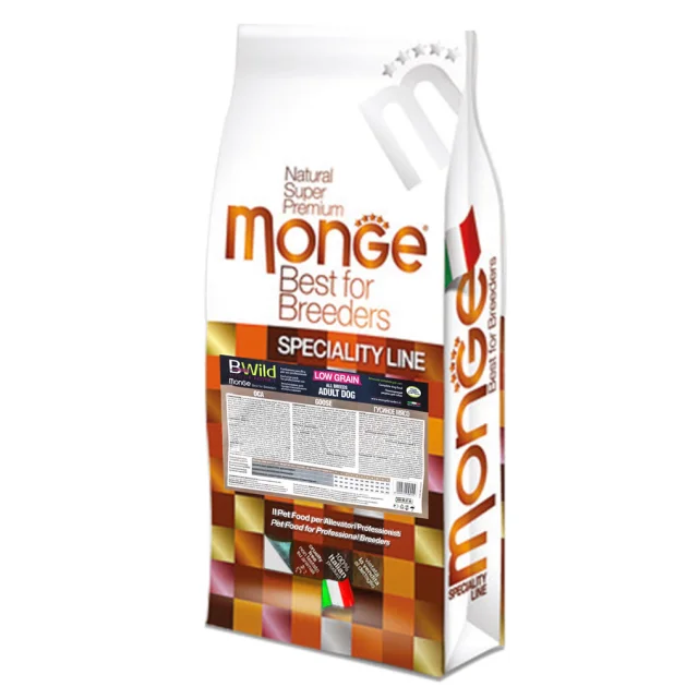 Сухой низкозерновой корм Monge Dog Be Wild Low Grain для собак, с мясом гуся, 17.5 кг