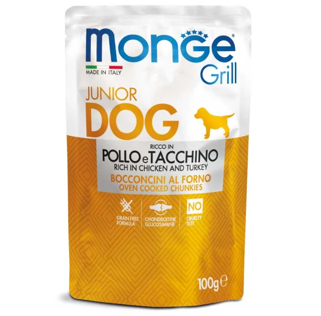 Влажный корм Monge Dog Grill Puppy&Junior для щенков, запеченные кусочки в соусе, курица с индейкой, 100 г