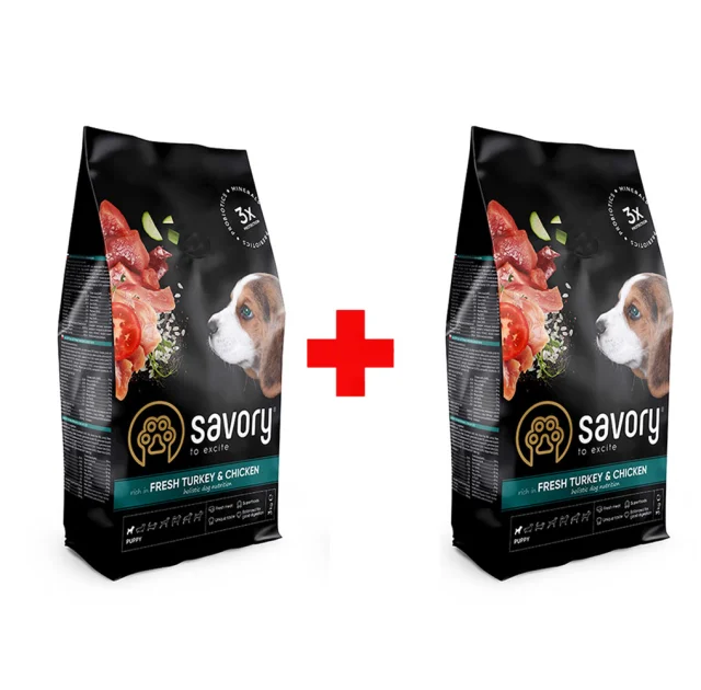 Сухой корм для щенков Savory, со свежим мясом индейки и курицей, 3 + 3 кг