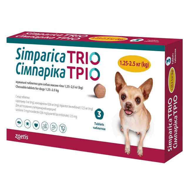Жувальні таблетки Zoetis Сімпаріка Тріо проти бліх та кліщів для собак вагою від 1.25 до 2.5 кг, ціна за 1 таблетку