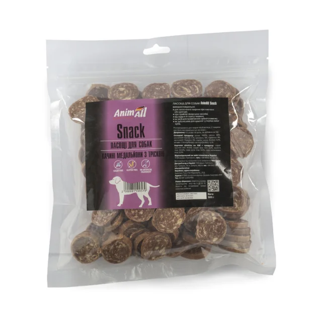 Лакомство AnimAll Snack утиные медальоны с треской, для собак, 500 г