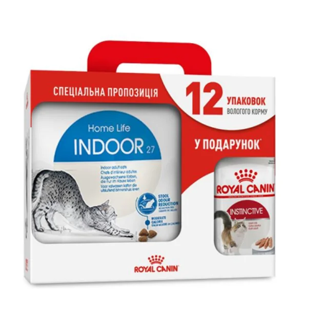 Сухой корм Royal Canin Indoor 27 для кошек постоянно живущих в помещении, 4 кг + 12 паучей в подарок