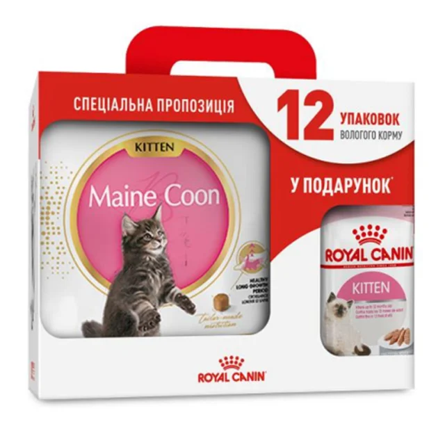 Сухой корм Royal Canin Maine Coon Kitten для котят мейн-кунов до 15 месяцев, 4 кг + 12 паучей в подарок