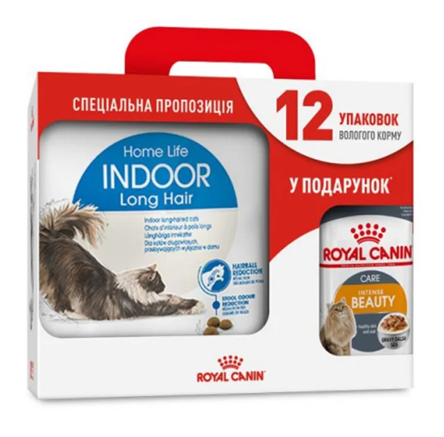 Сухой корм Royal Canin Indoor Long Hair для длинношерстных кошек, 4 кг + 12 паучей в подарок