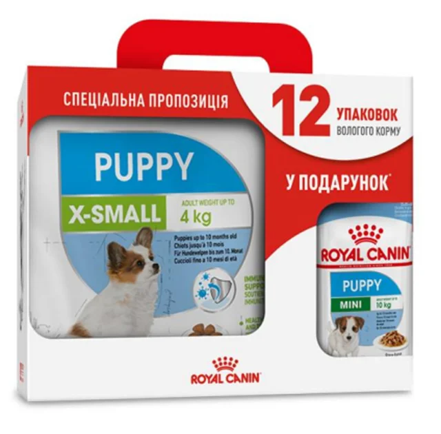 Сухой корм Royal Canin X-Small Puppy для щенков миниатюрных пород до 10 месяцев, 3 кг + 12 паучей в подарок