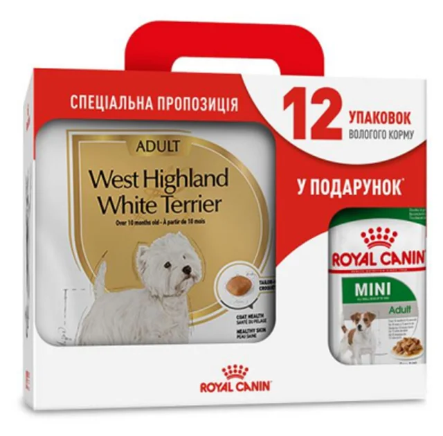 Сухой корм Royal Canin West Highland White Terrier Adult для вест хайленд уайт терьеров, 3 кг + 12 паучей в подарок