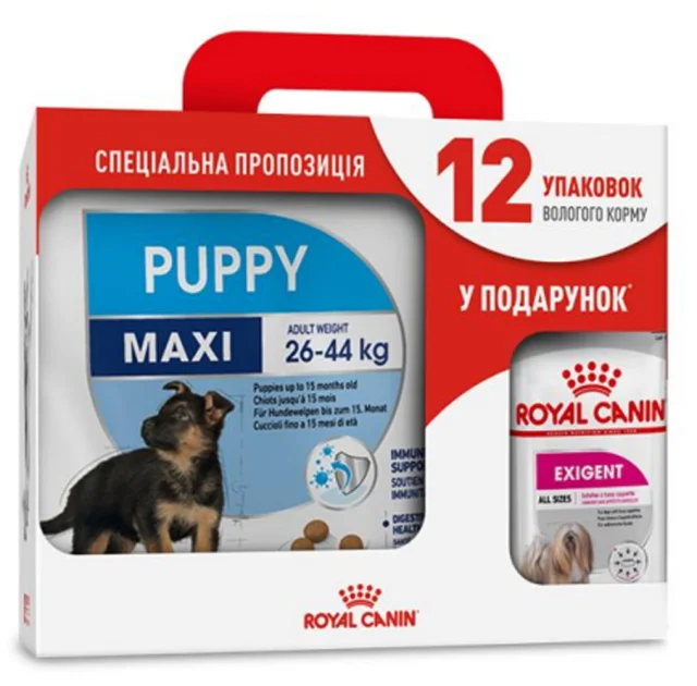 Сухий корм Royal Canin Maxi Puppy для цуценят великих порід з 2 до 15 місяців, 4 кг + 12 паучів у подарунок