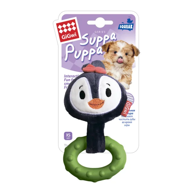 Игрушка GiGwi Suppa Puppa, для щенка, пингвин с кольцом и пищалкой, текстиль, резина, 15 см